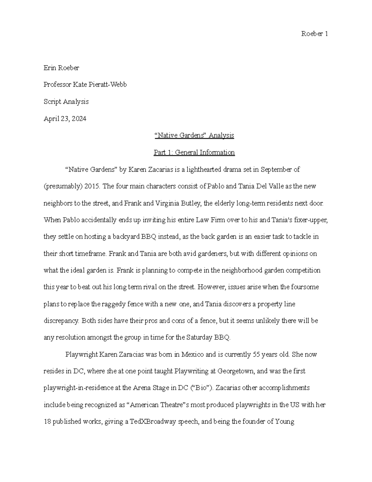ENG 202 Script Analysis Essay: Exploring Karen Zacarias' 