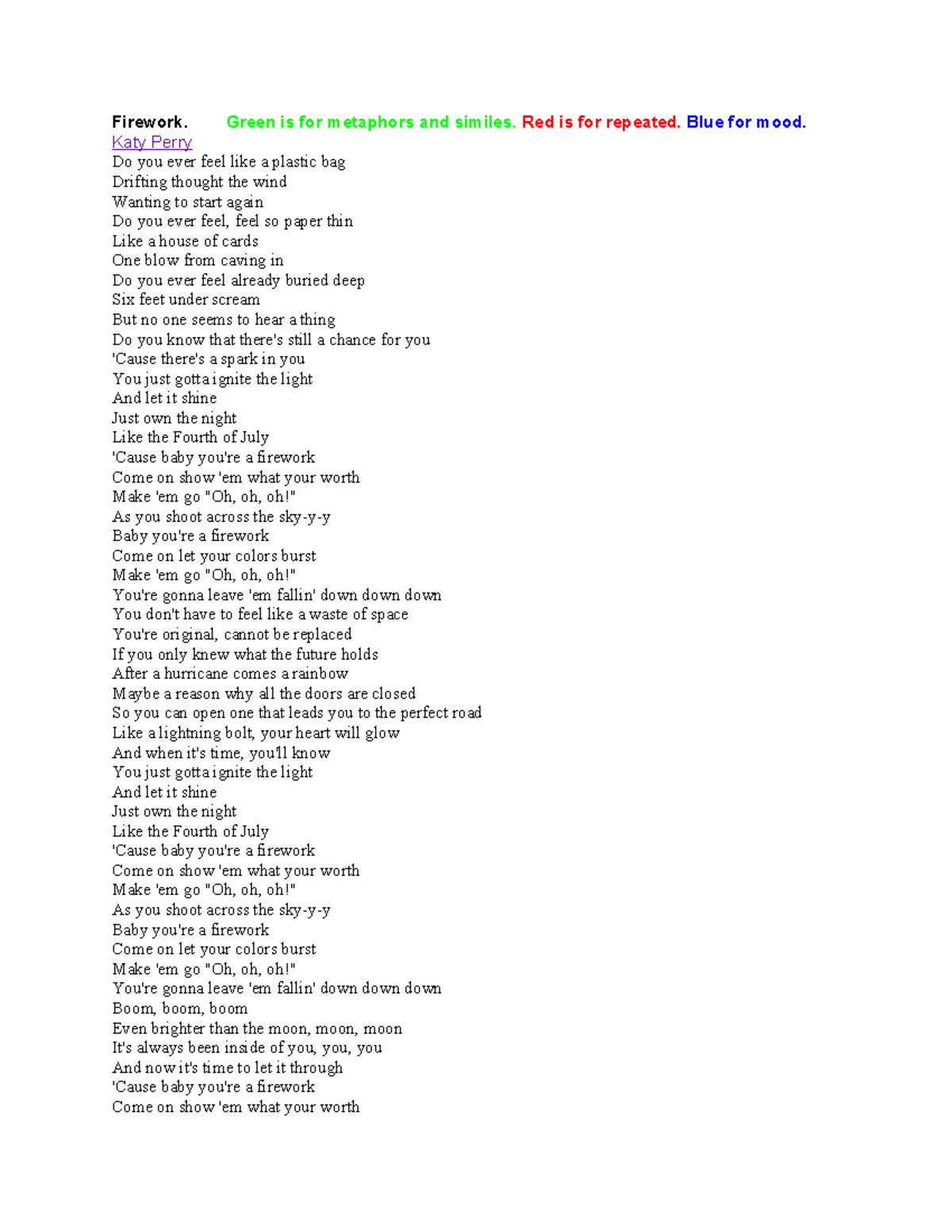 Copy of Firework song lyrics - Firework. Green is for metaphors and ...