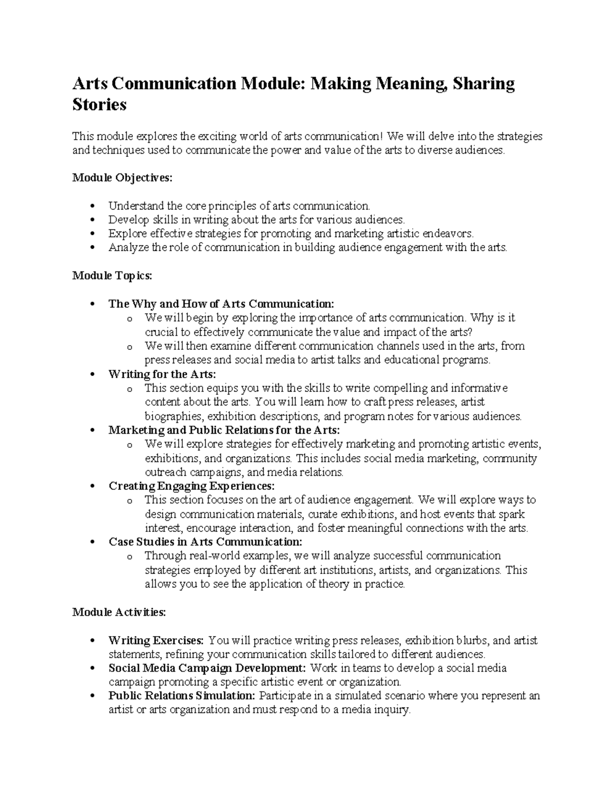 Arts Communication Module Notes: Making Meaning, Sharing Strategies ...