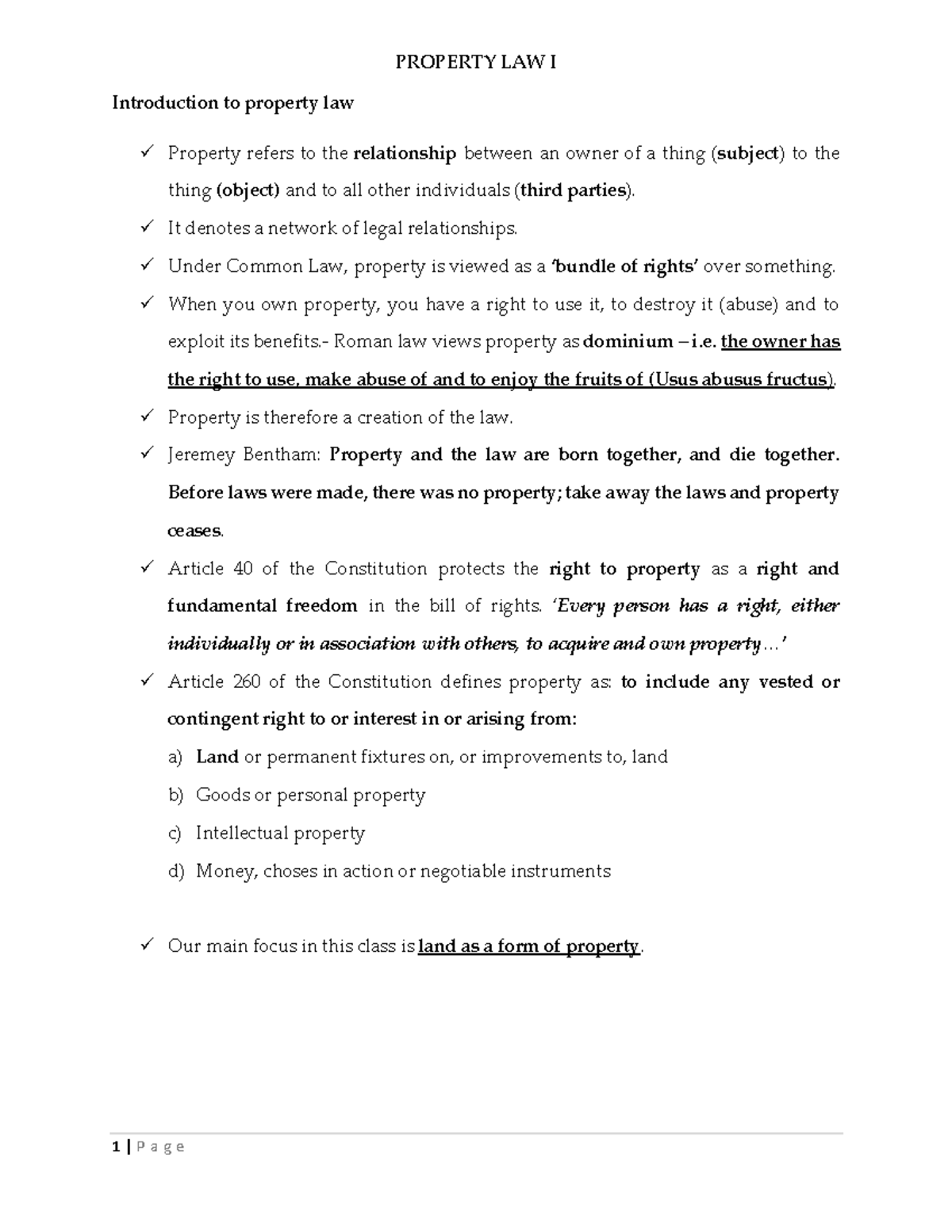 Property Law I: Understanding Land Ownership and Legal Frameworks - Studocu