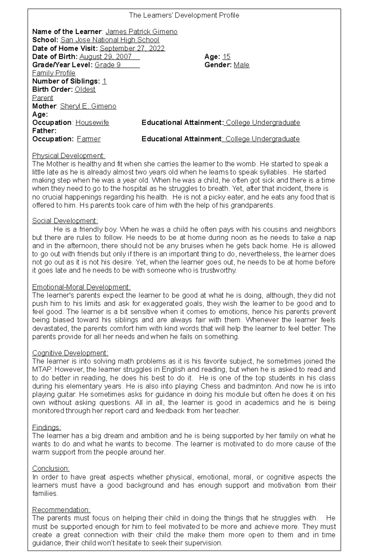 FIELD STUDY 1: LEARNERS' DEVELOPMENT PROFILE OF JAMES P. GIMENO - Studocu