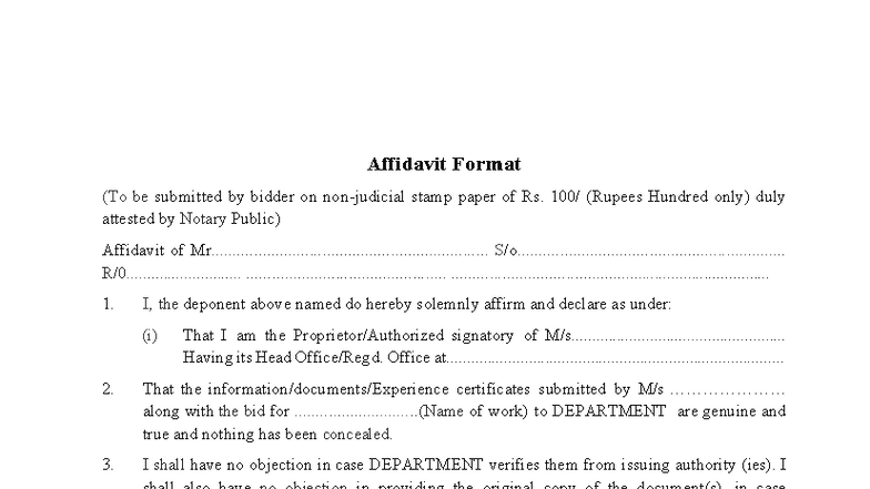 Affidavit Format for Bidders (Stamp Paper & Notary Attestation) - Studocu