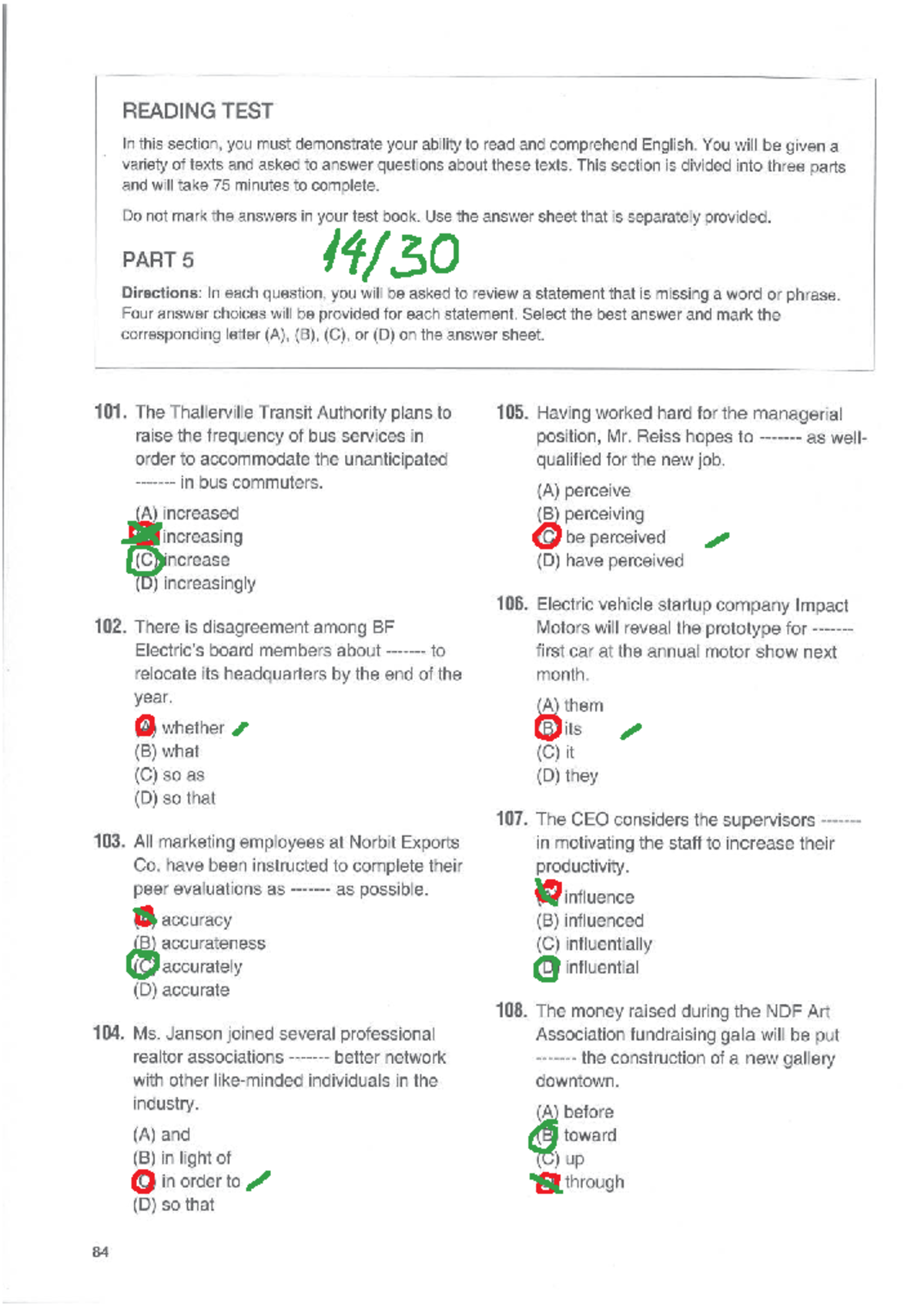 READING TEST - Part 5 Practice Questions (14-30) - Studocu