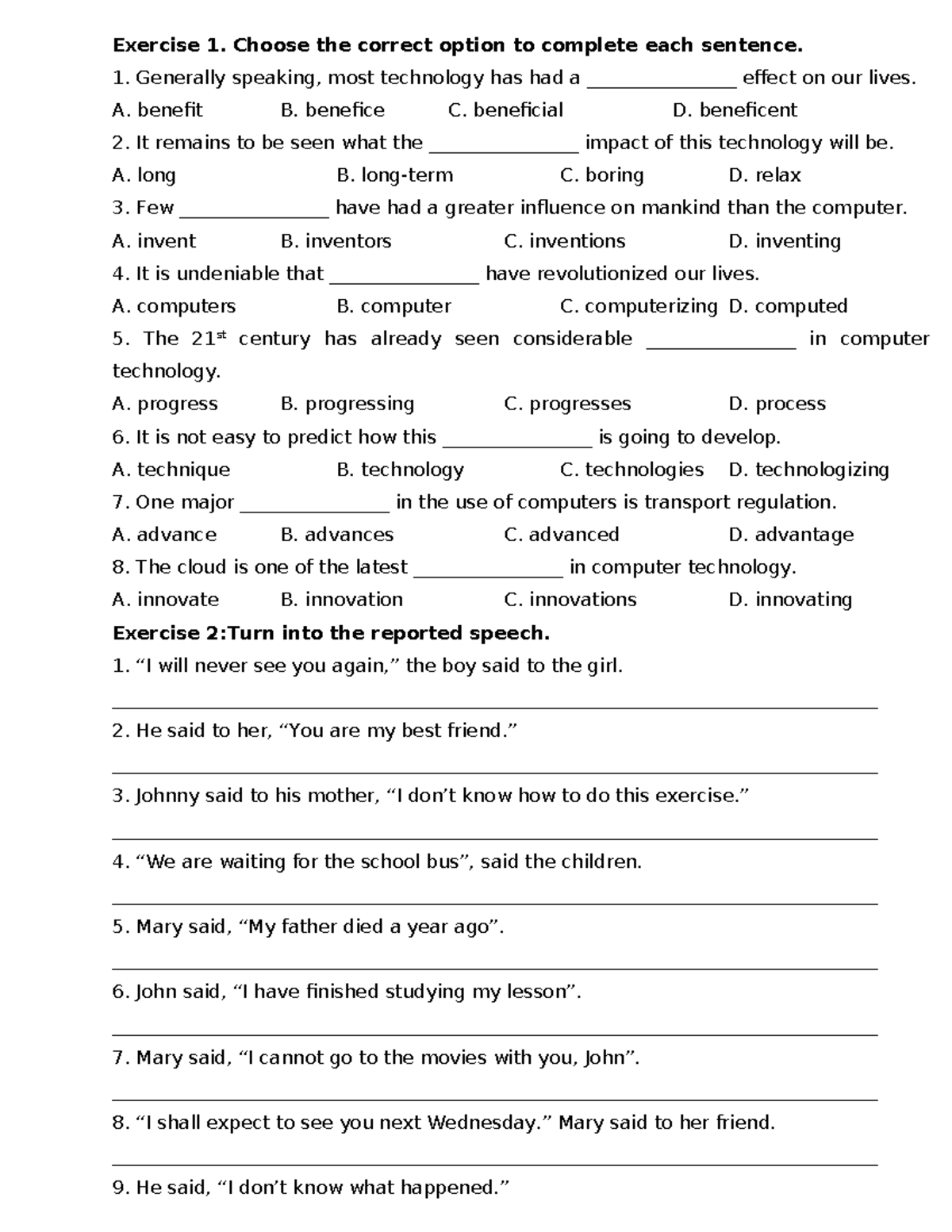 Exercise 1 & 2: Sentence Completion and Reported Speech Practice - Studocu