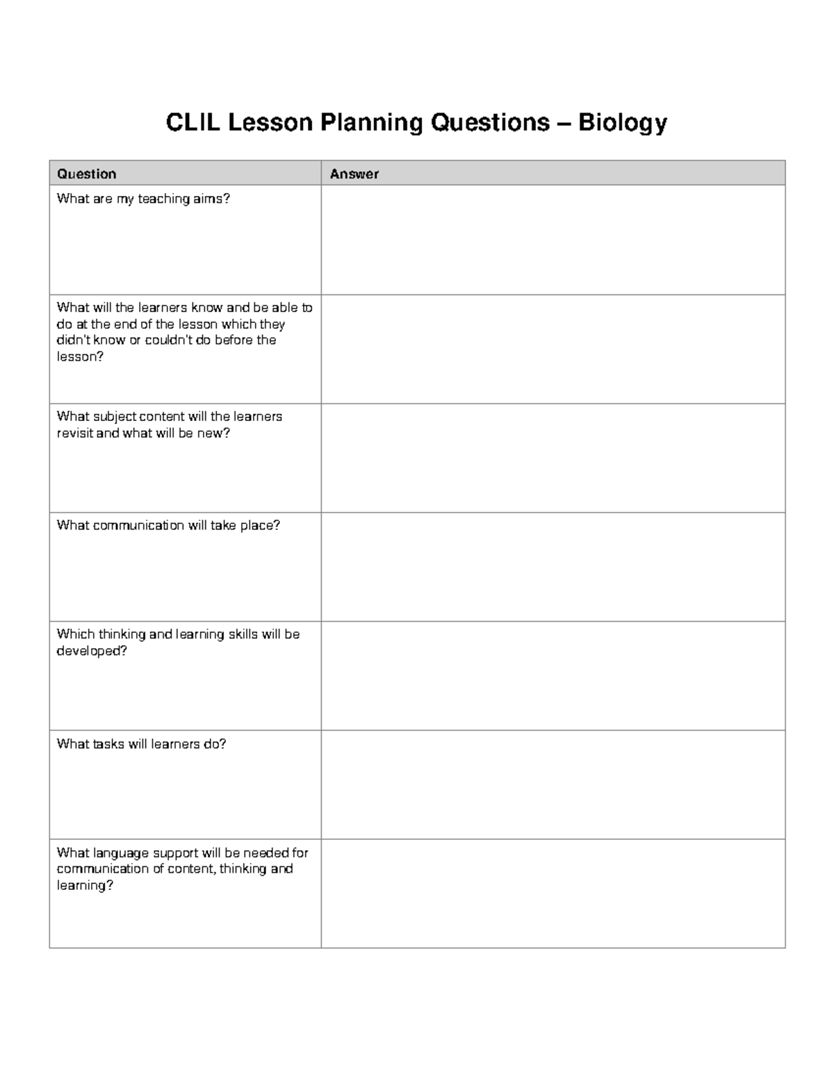 CLIL Biology Lesson Planning Questions: A Comprehensive Guide - Studocu