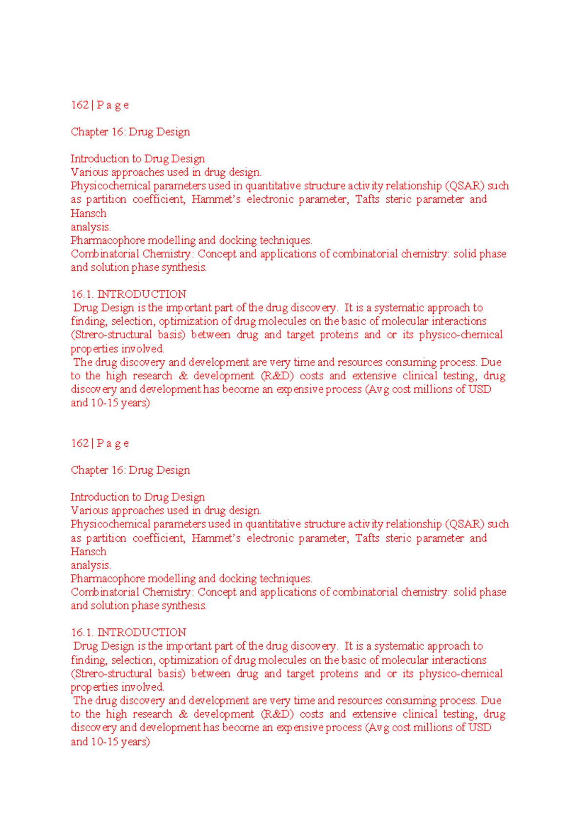 162 - wff - 162 | P a g e Chapter 16: Drug Design Introduction to Drug ...