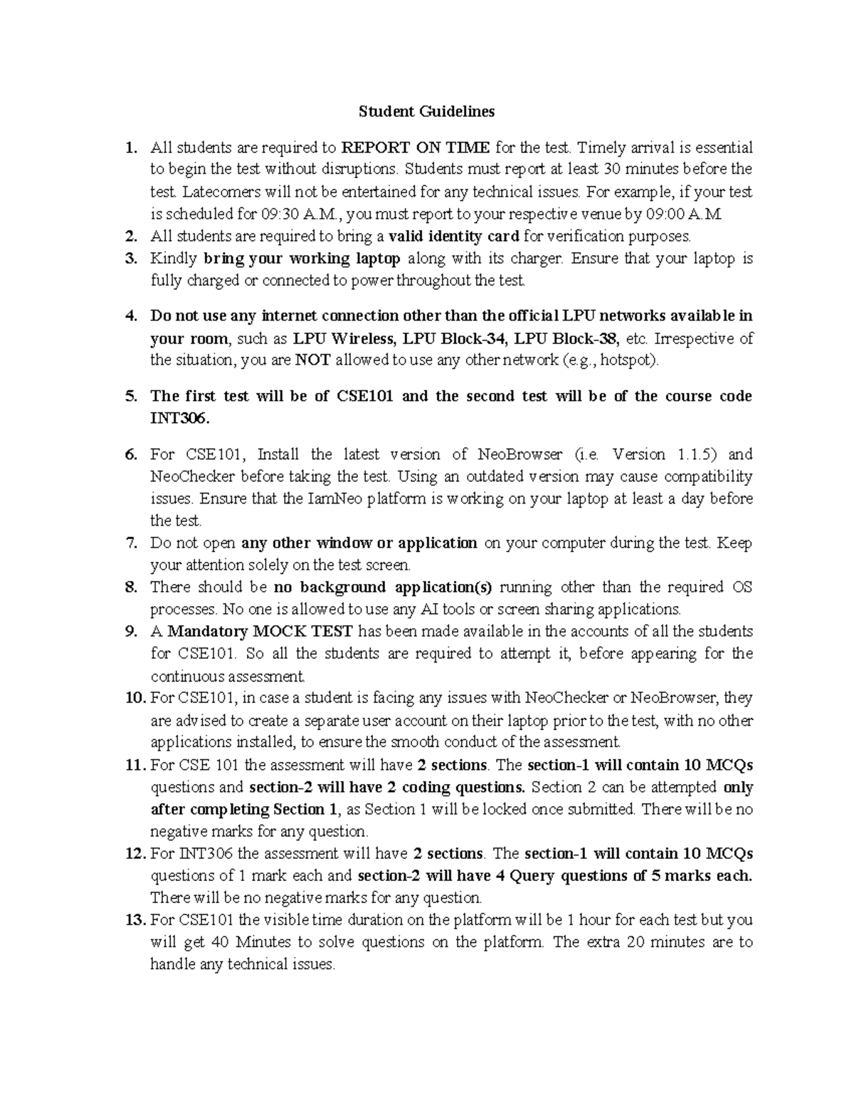 CSE101 & INT306 Exam Guidelines: Essential Instructions for Students ...
