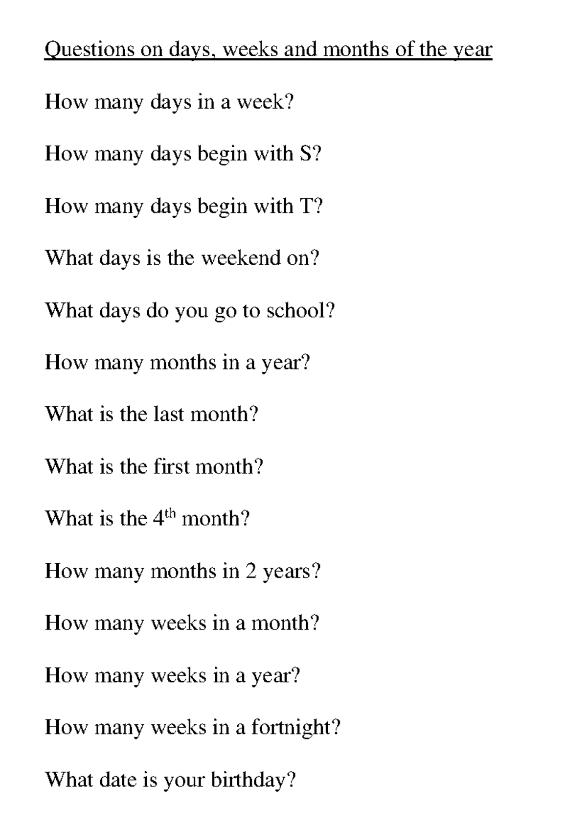 Days, Weeks, and Months - Lenguas Quiz Questions and Activities - Studocu