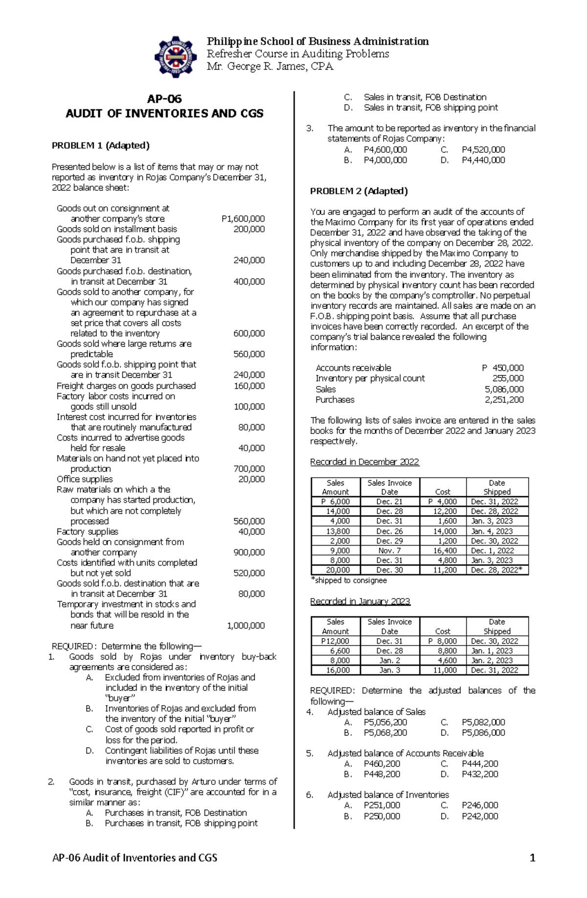 AP-06 Audit of Inventories - Refresher Course in Auditing Problems Mr ...