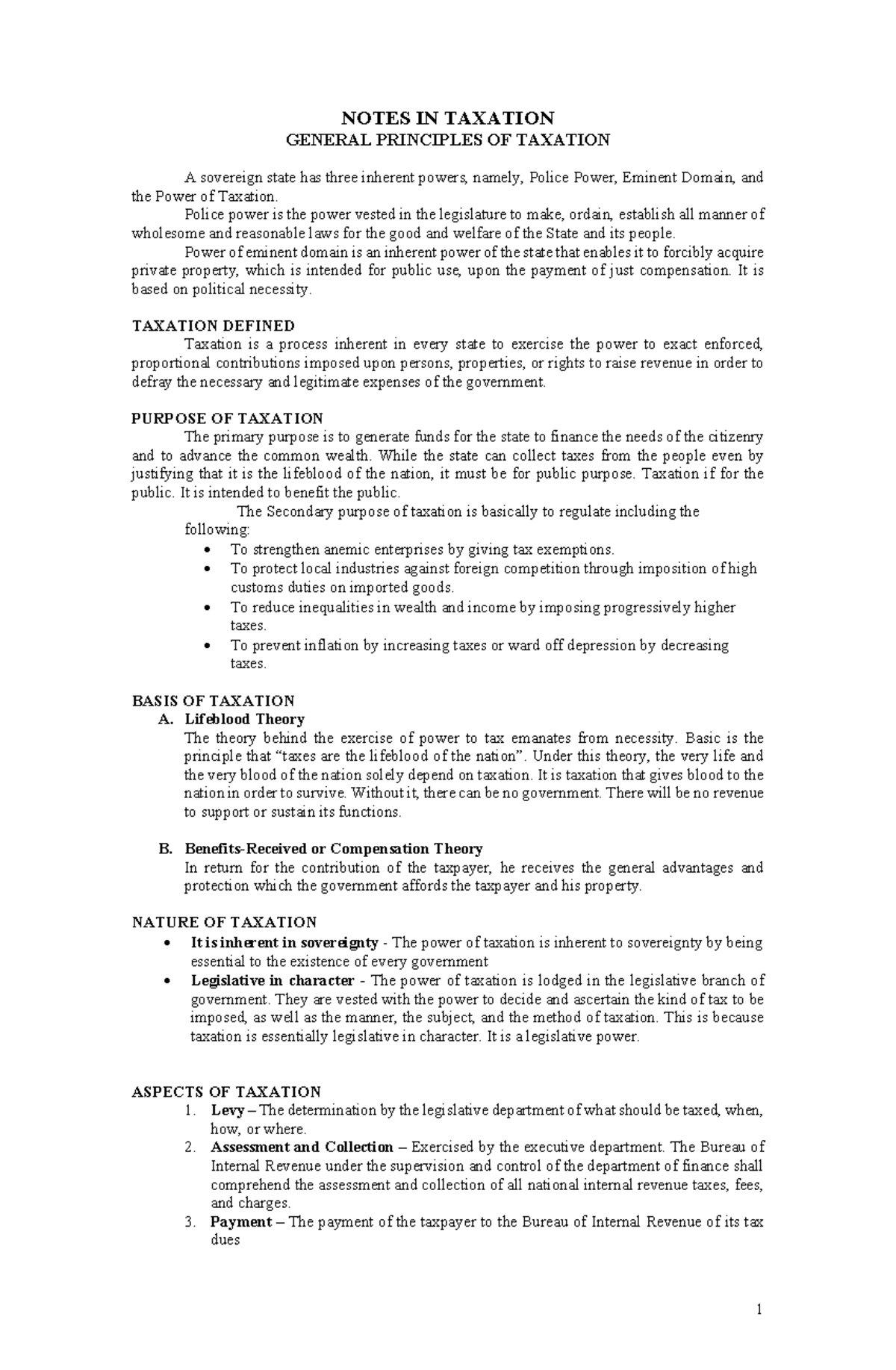 Notes in General Principles - NOTES IN TAXATION GENERAL PRINCIPLES OF ...