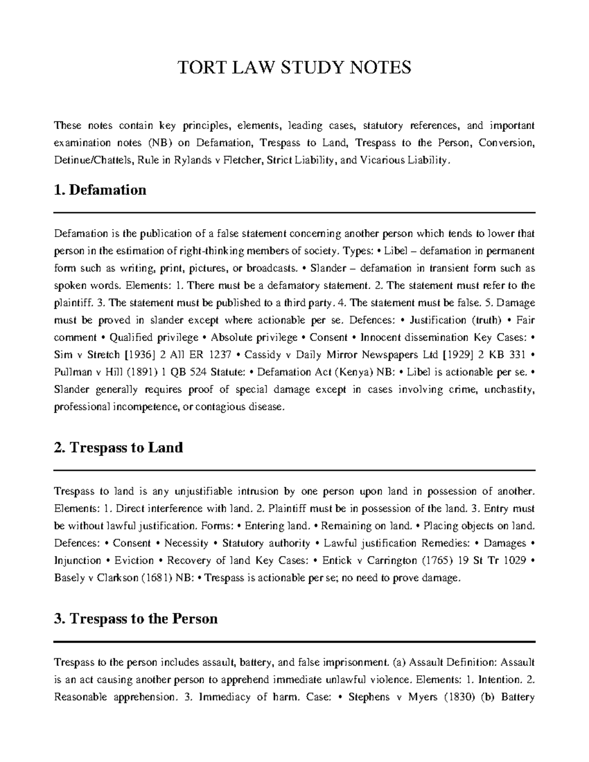 TORT LAW STUDY NOTES: Key Principles & Leading Cases - Studocu