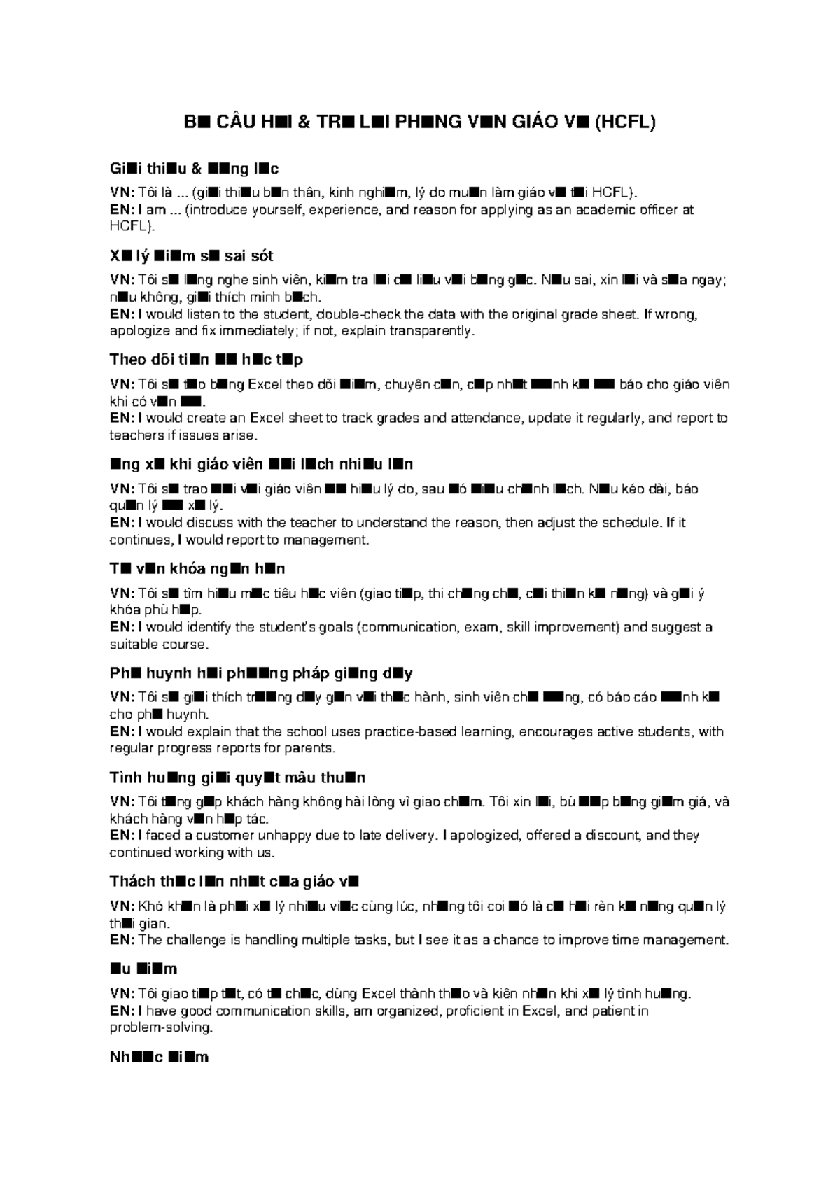 B CÂU H I & TR L I PH NG V N GIÁO V (HCFL) - Gi i thi u & Kỹ năng quản ...
