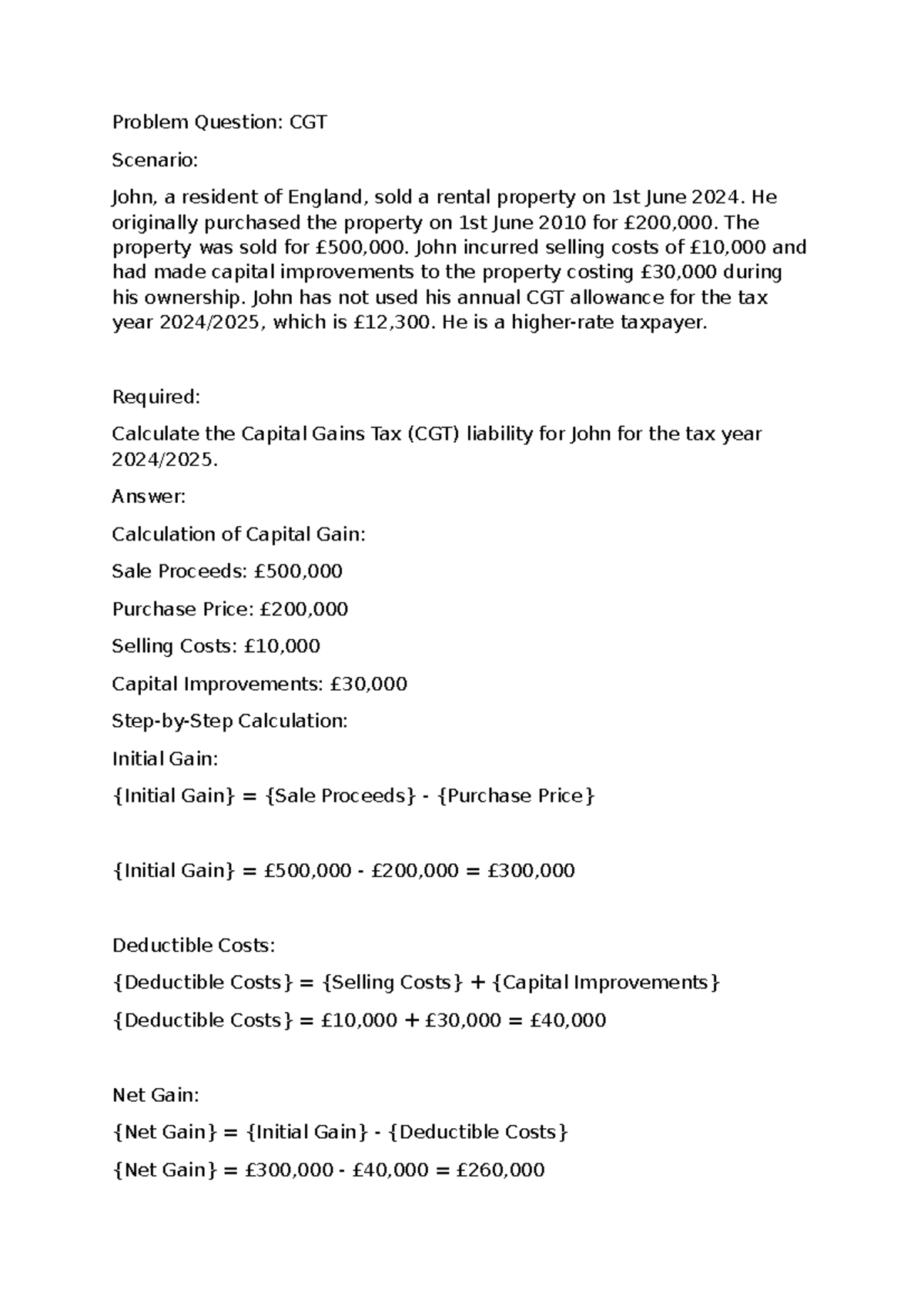 CGT Calculation Problem - Business Tax Year 2024/2025 - Studocu