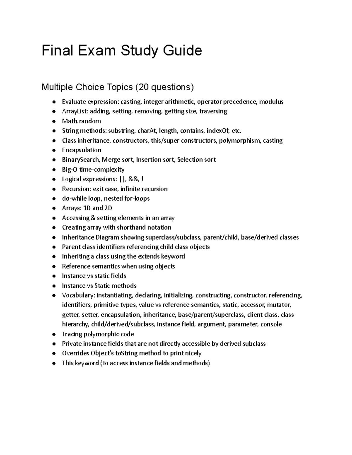 Final Exam Study Guide for CS1: Java Programming Concepts - Studocu