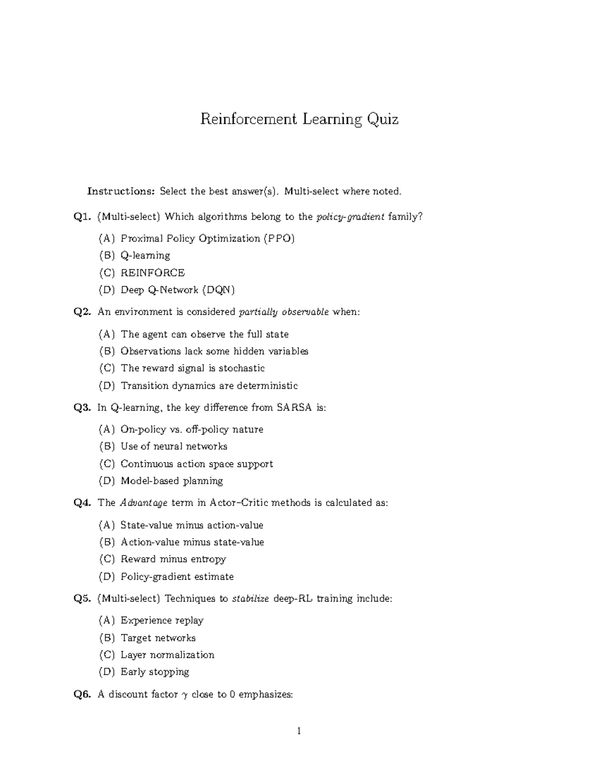 Reinforcement Learning Quiz Instructions (RL 101) - Studocu