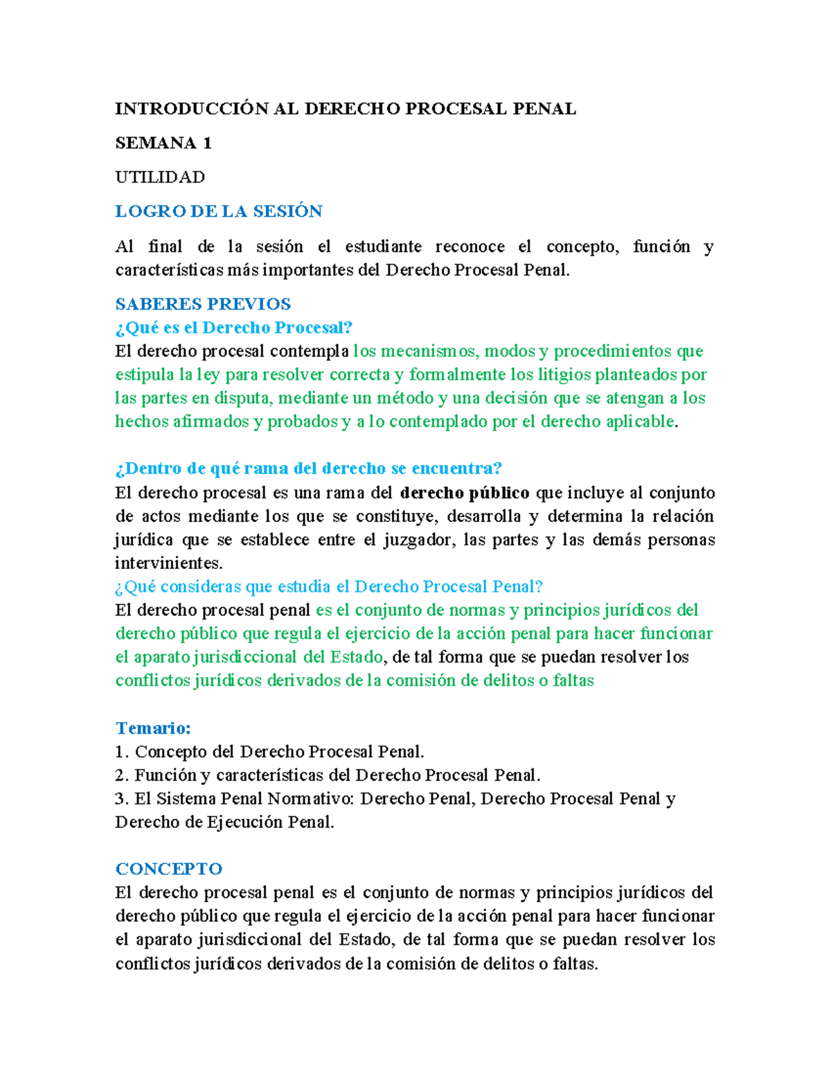 Introducción al Derecho Procesal Penal - Semana 1 - Apuntes - Studocu