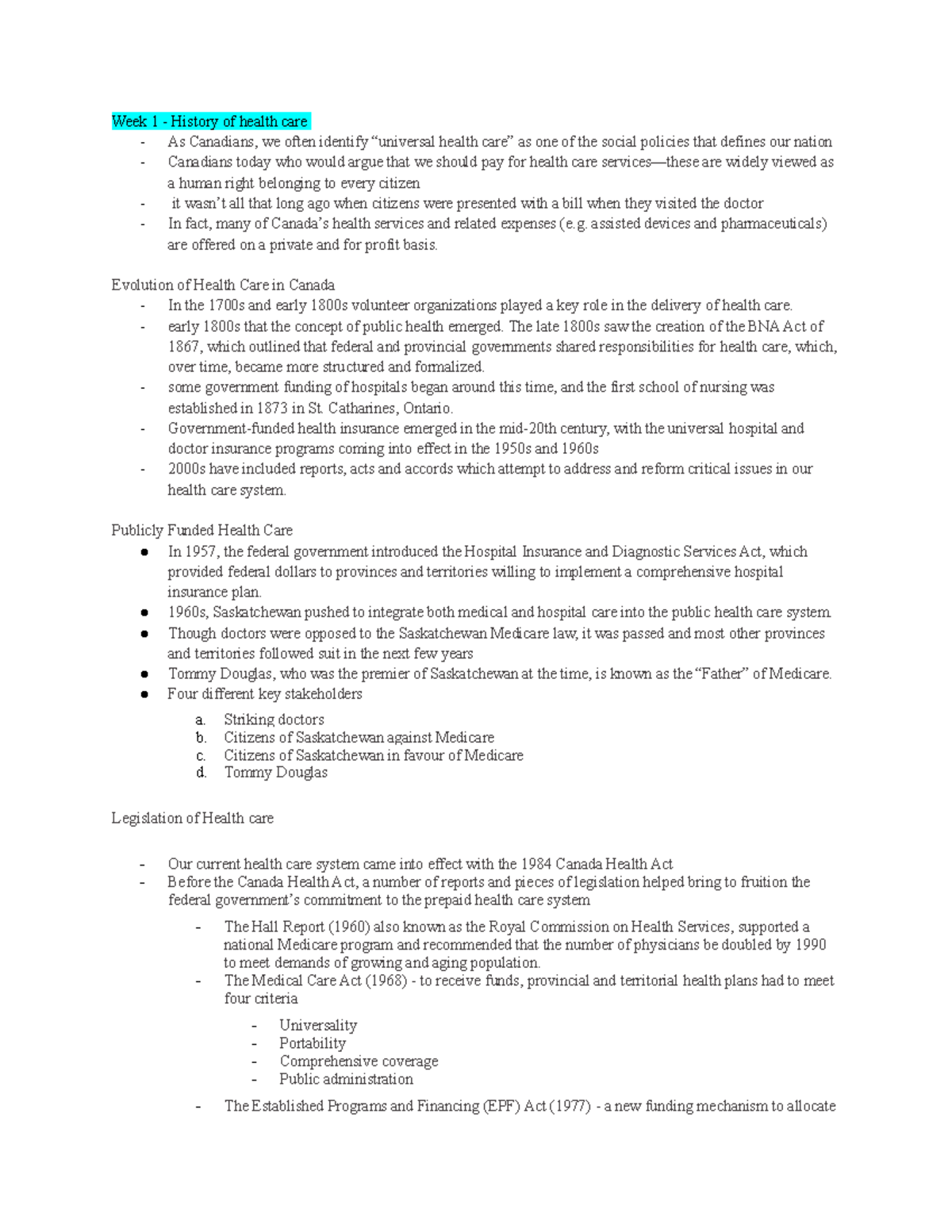 HS201 Final Exam Notes: Evolution & Structure of Canadian Health Care ...
