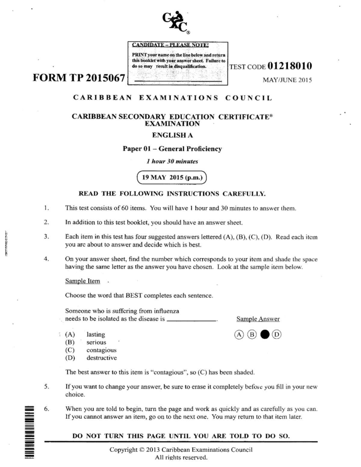CSEC English A Paper 01 General Proficiency Exam 2015 - Studocu