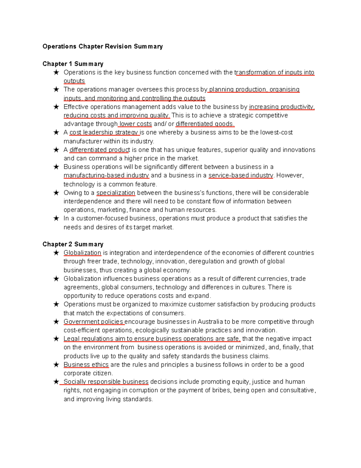 Chapter Revision Summary: Operations Management for BUS - Studocu
