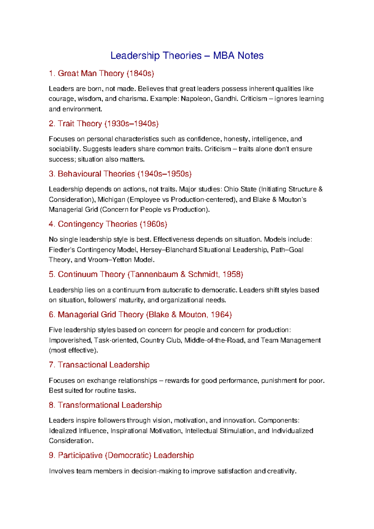 Leadership Theories Overview: MBA Notes on Key Concepts - Studocu