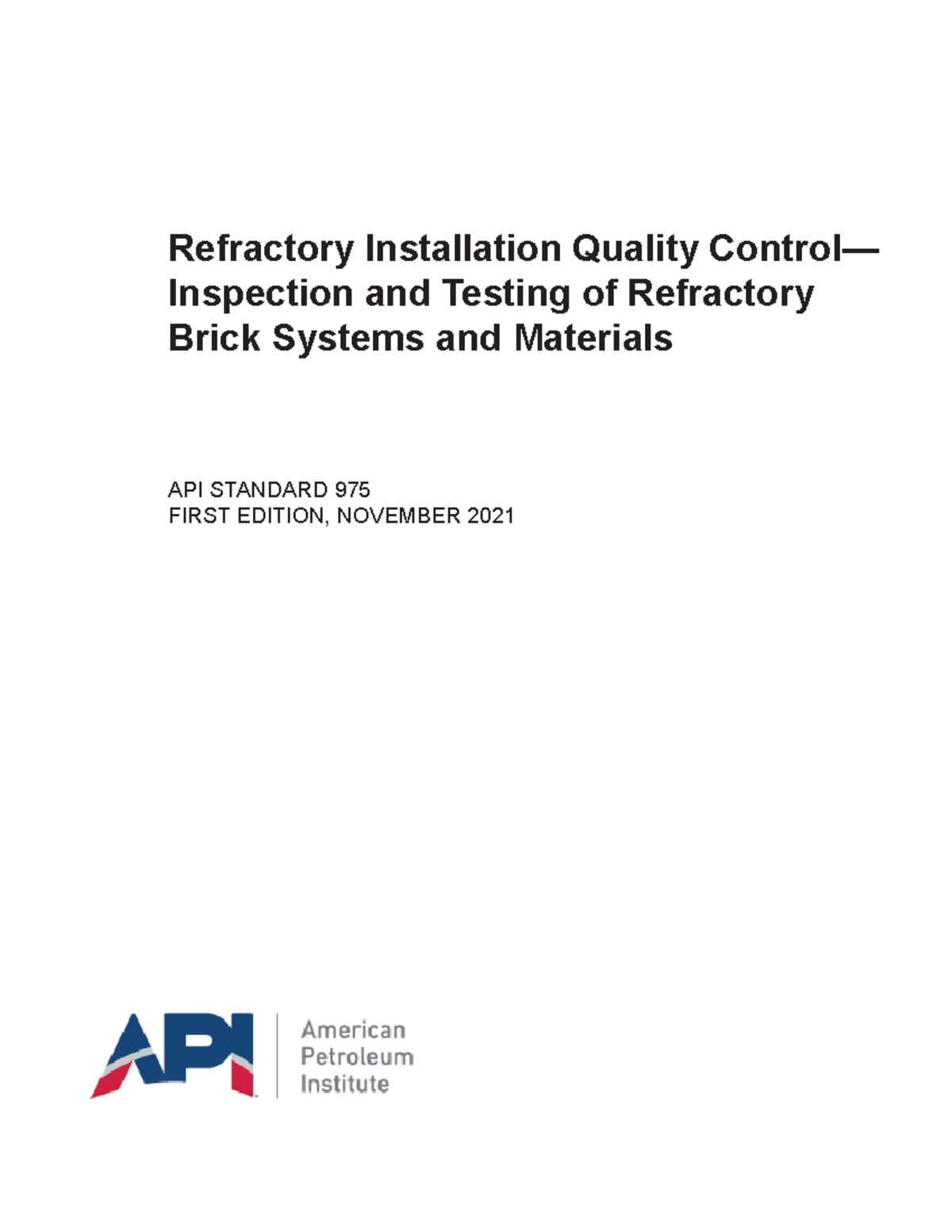 API STD 975 2021: Refractory Installation Quality Control Guide - Studocu