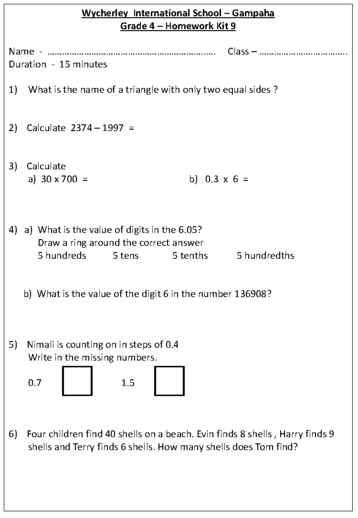 Grade 4 Math Homework Kit 2 - Wycherley Int. School Gampaha - Studocu