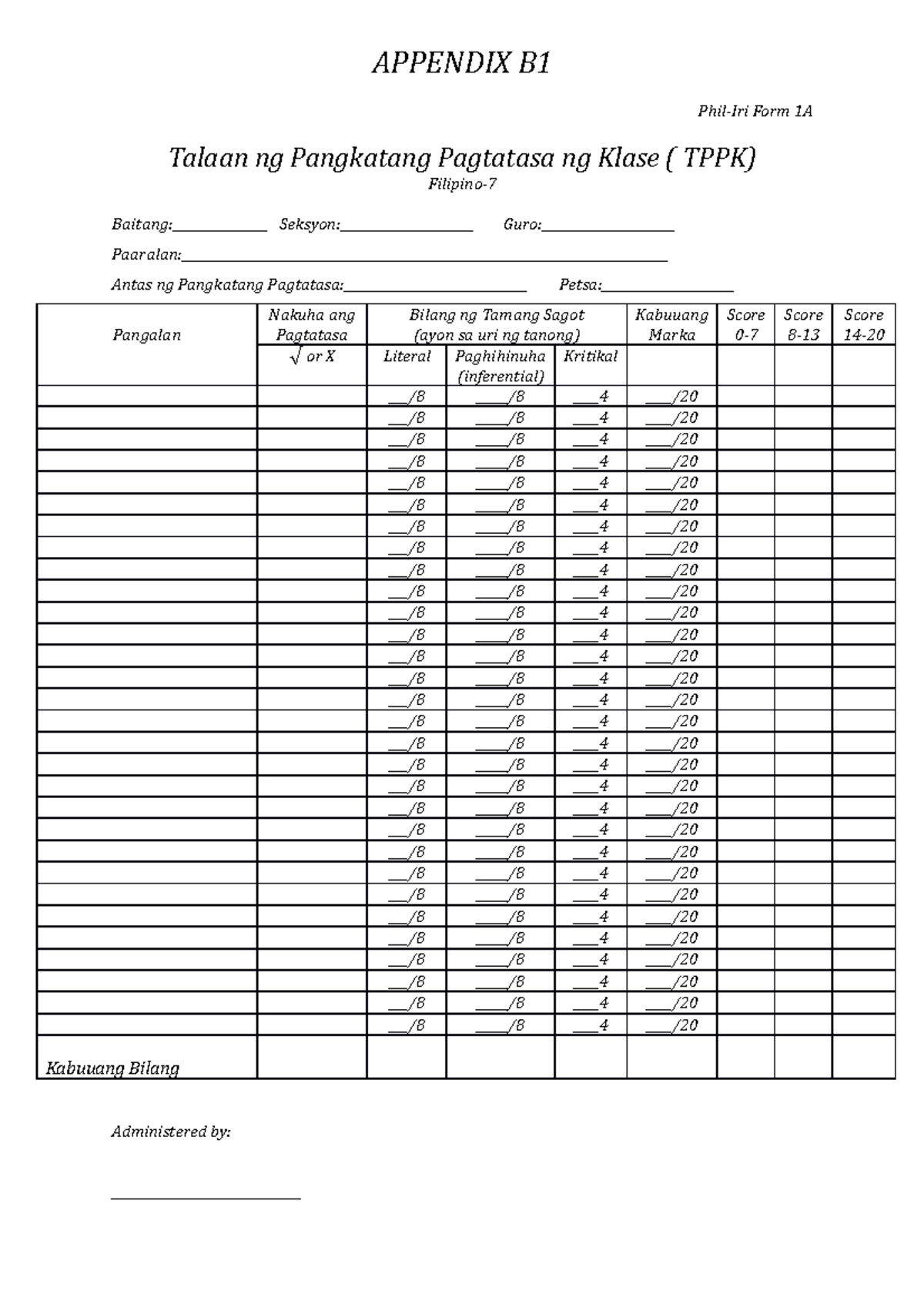 Phil-Iri Form 1A & 1B - Class Reading Assessment Record - English - Studocu