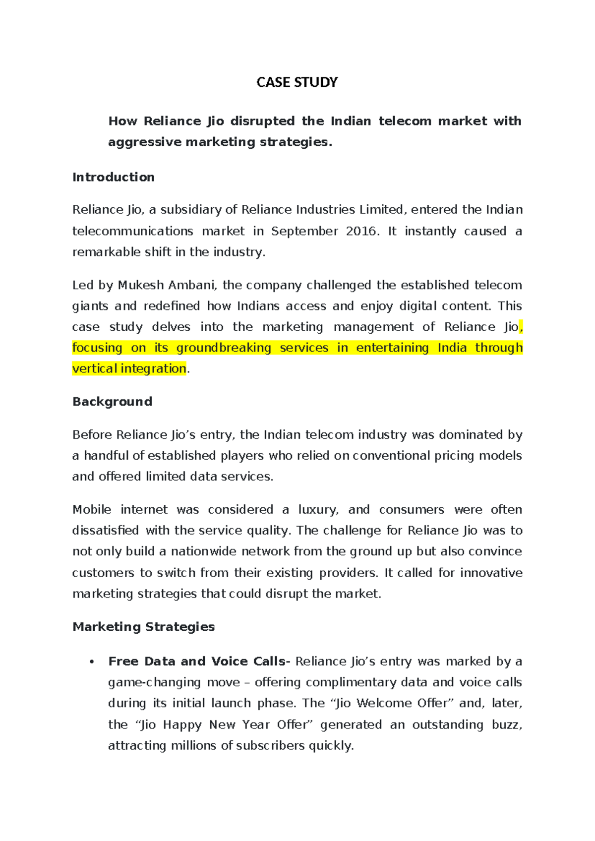 Case Study: Market Disruption Strategies of Reliance Jio, HUL, and ...