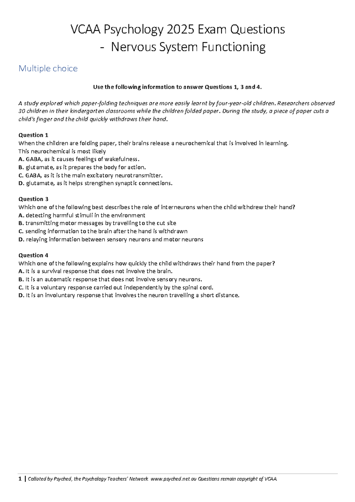 VCAA Psychology 2025 Exam Questions - Nervous System Functioning - Studocu