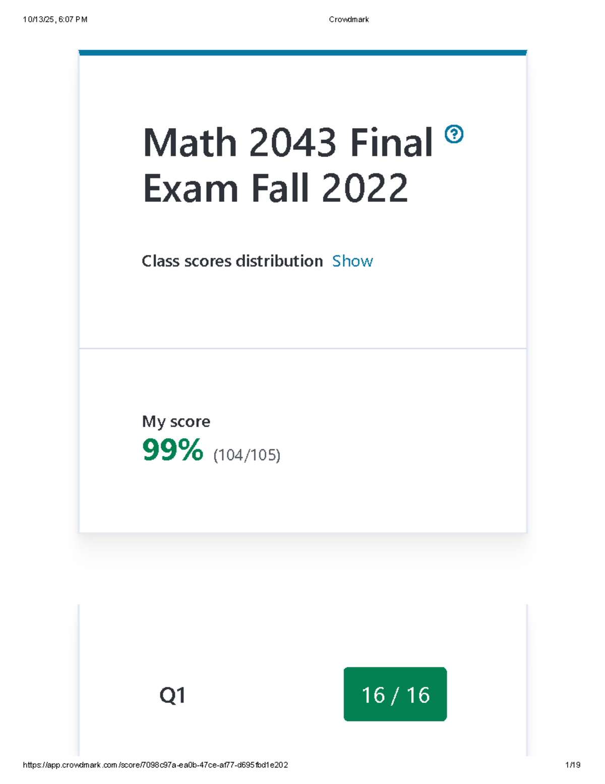 Math 2043 Final Exam Fall 2022 Score Distribution and Answers - Studocu