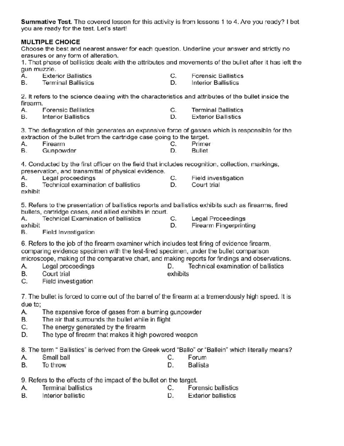 Ballistics Questionnaire: Key Concepts and Terminology - Studocu