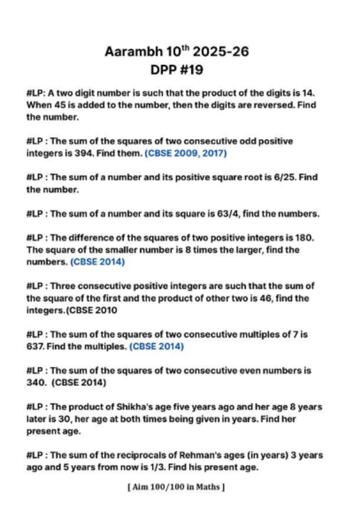Class 10 Maths Most Important Questions for Board Exams (CBSE) - Studocu