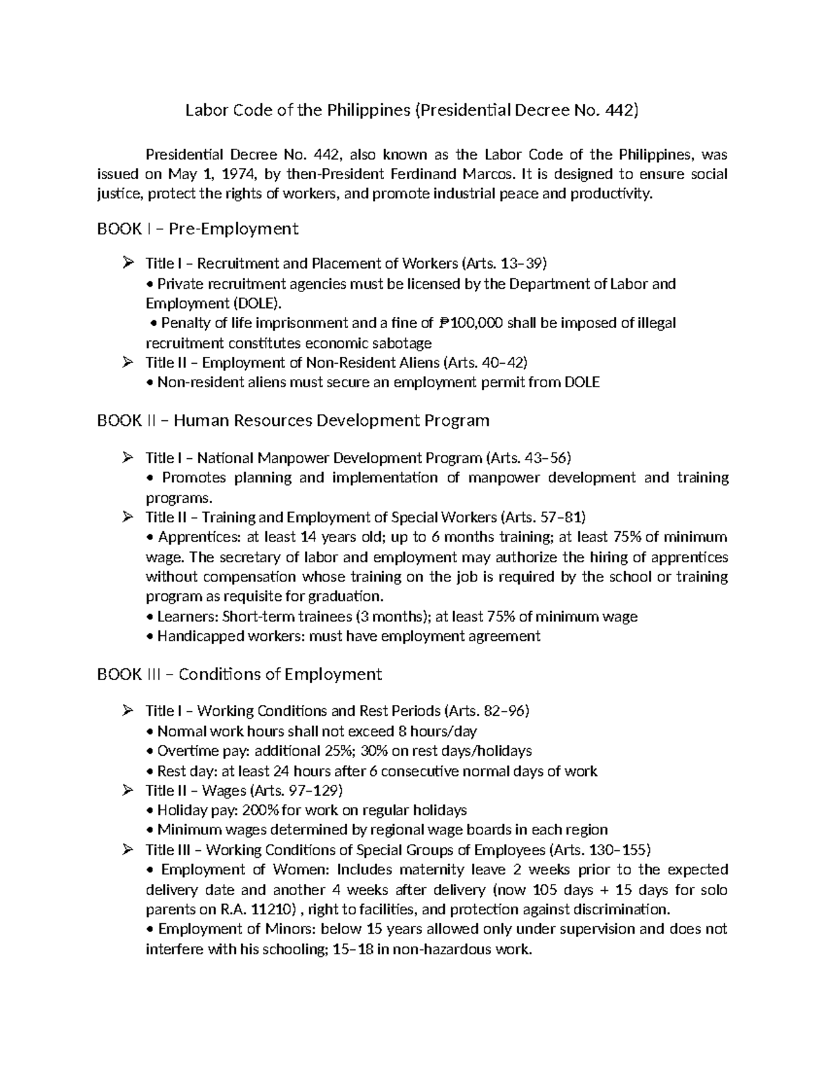 Labor Code of the Philippines: Overview of PD 442 Provisions - Studocu