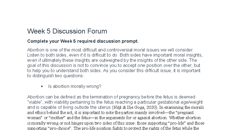 PHIL 101: Week 5 Discussion Forum on Abortion Ethics - Studocu