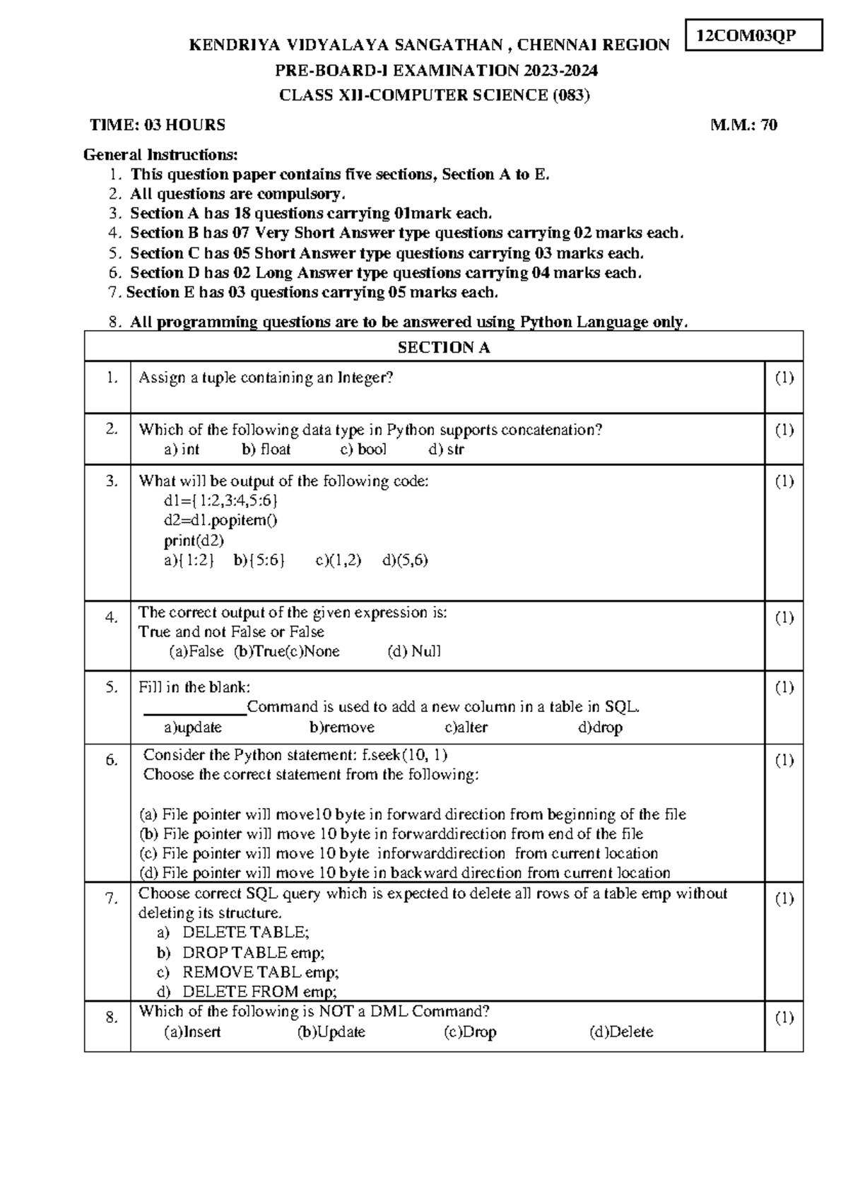 KV2 Computer Science - Pre-Board I Examination Question Paper (083 ...