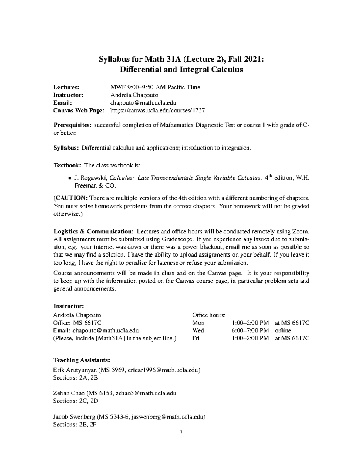 Math 31A Syllabus: Differential & Integral Calculus, Fall 2021 - Studocu