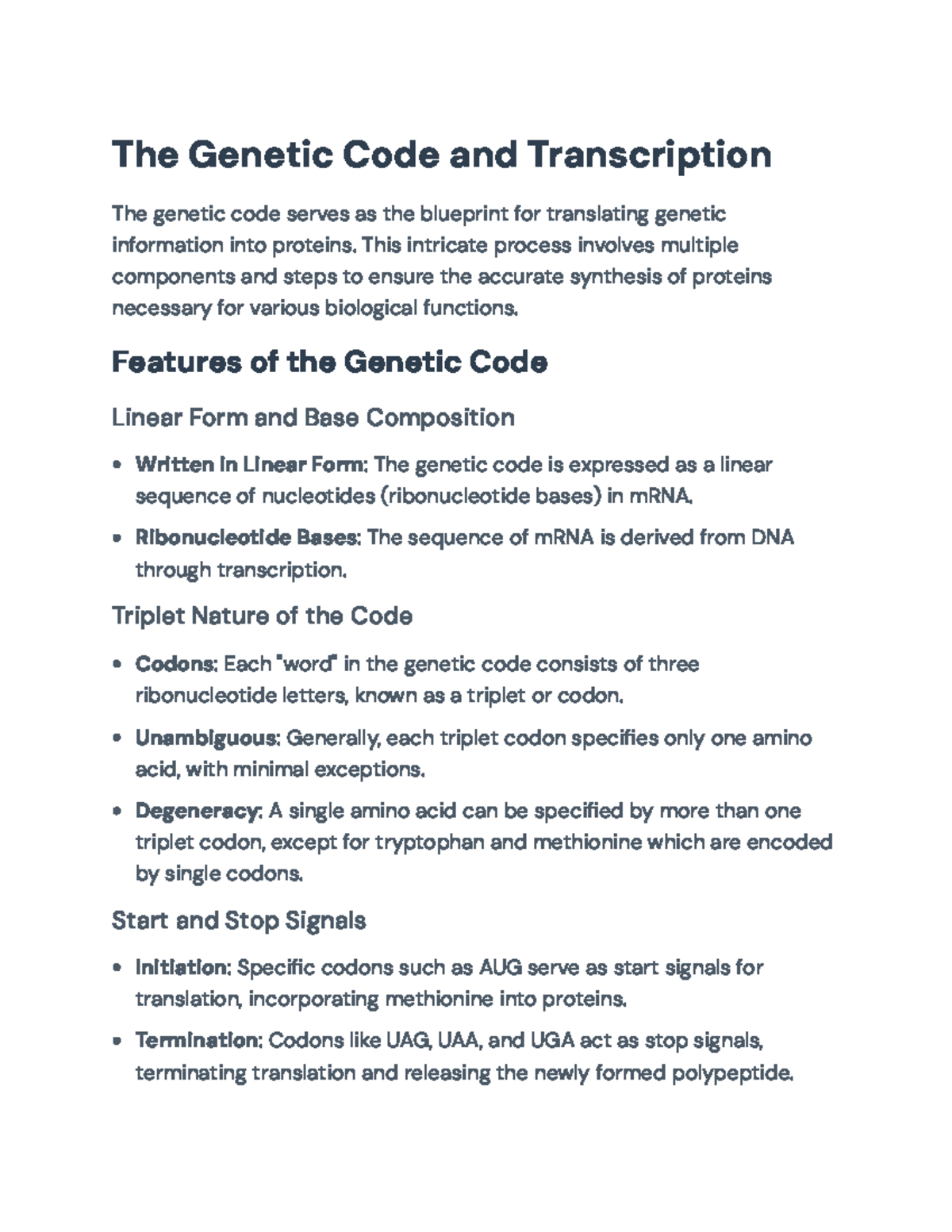 Genetic Code and Transcription Overview: Key Processes and Features ...