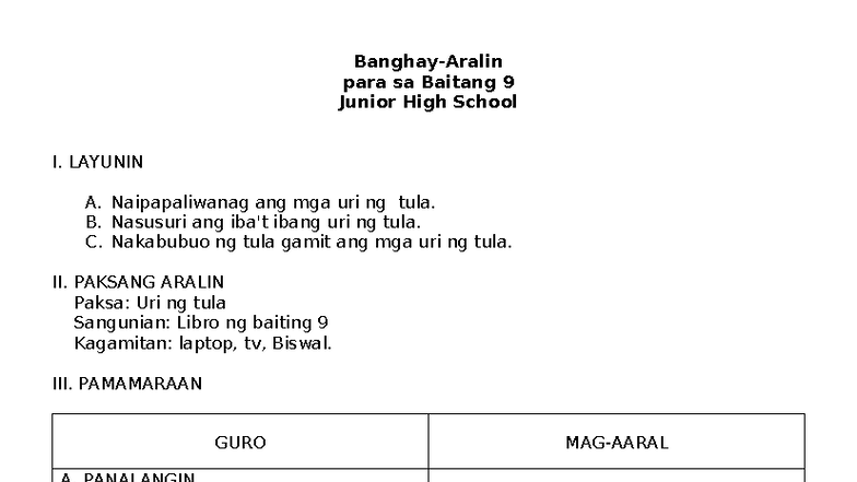 Baitang 9 Filipino Lesson Plan: Uri ng Tula at Pagtalakay - Studocu