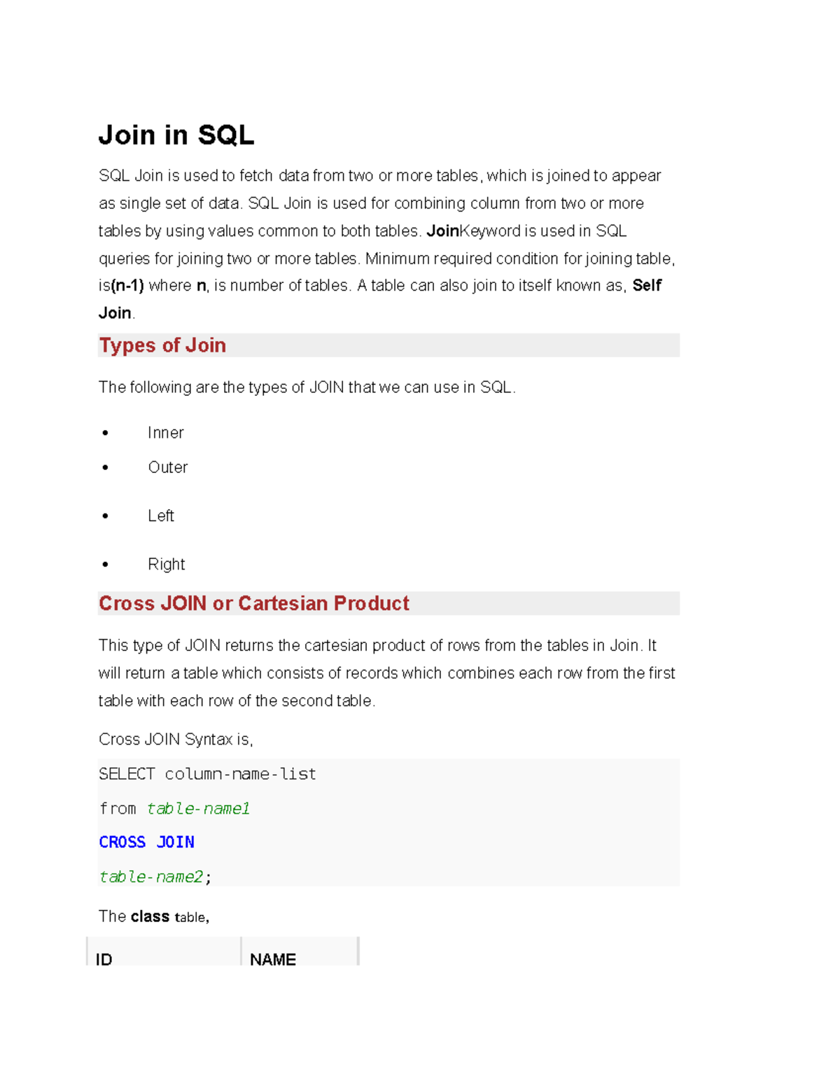 join in sql document - Join in SQL SQL Join is used to fetch data from ...