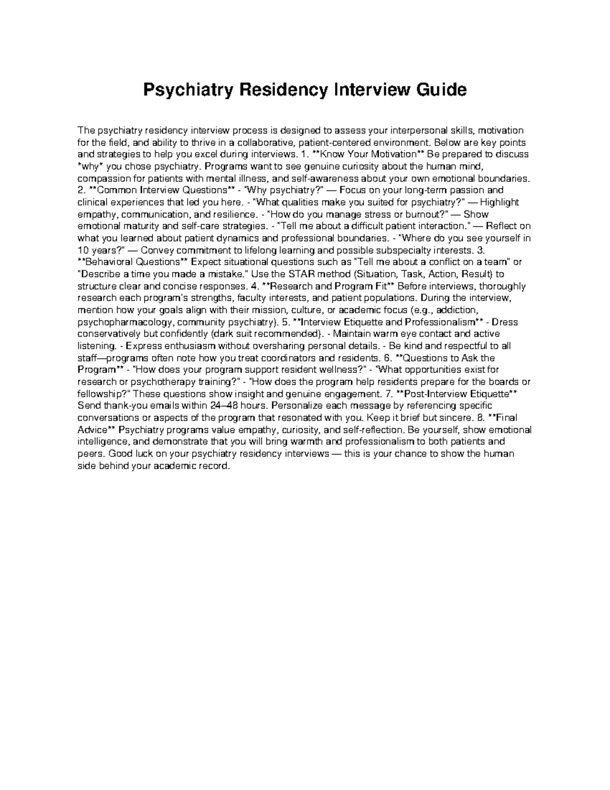 Psychiatry Residency Interview Guide: Key Strategies for Success - Studocu