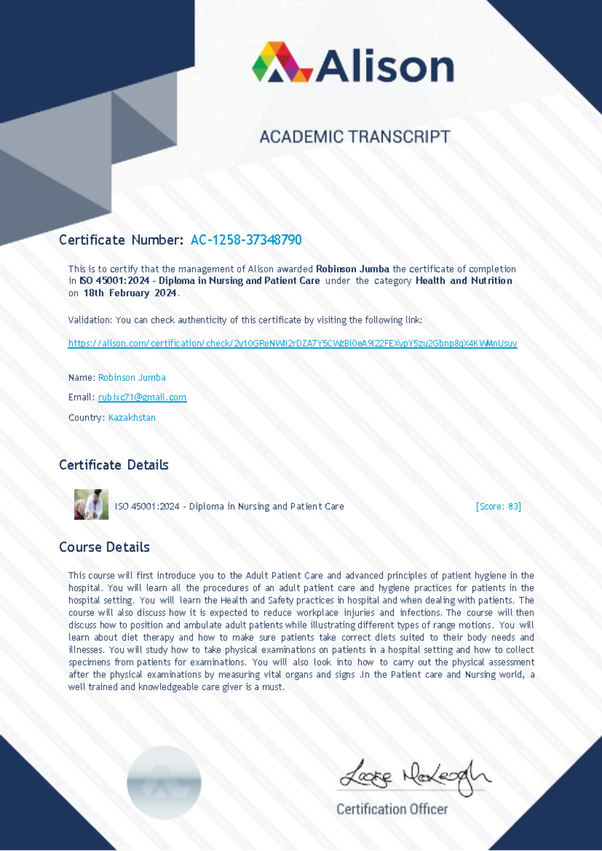1258-37348790 transcript - Certificate Number: AC-1258- This is to ...