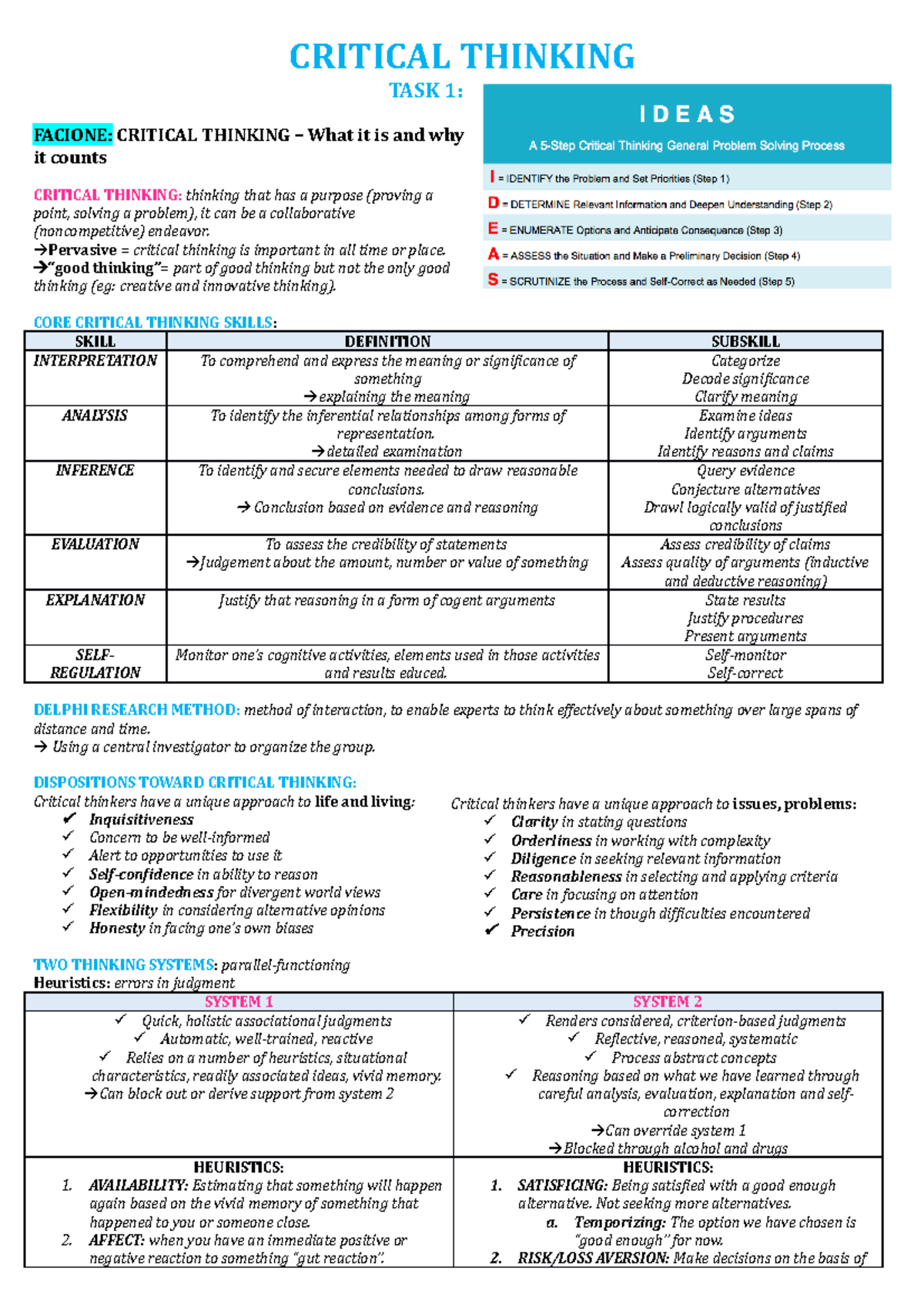 TASK 1 ALL Literature + Lecture - CRITICAL THINKING TASK 1: FACIONE ...
