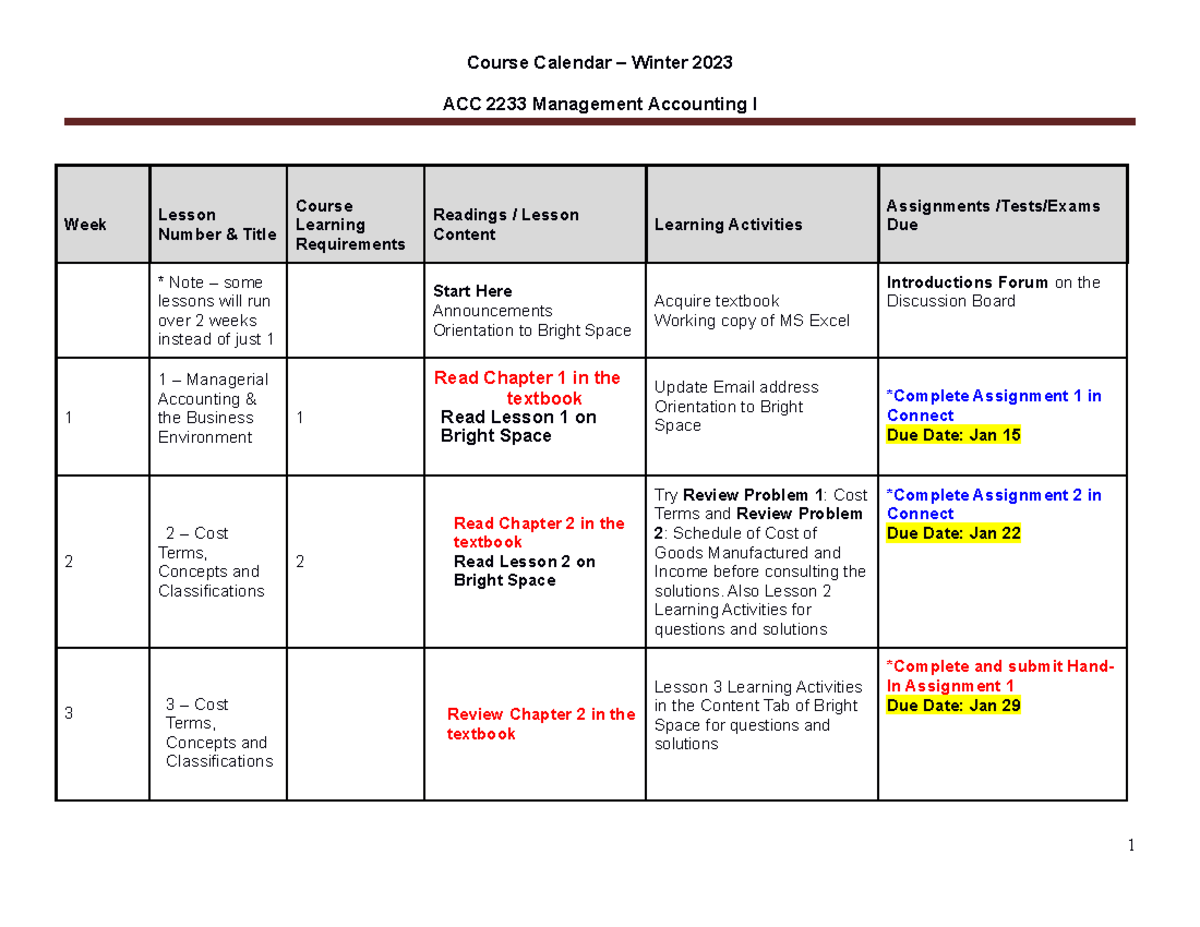 Management Accounting I Course Calendar - ACC 2233 Management ...