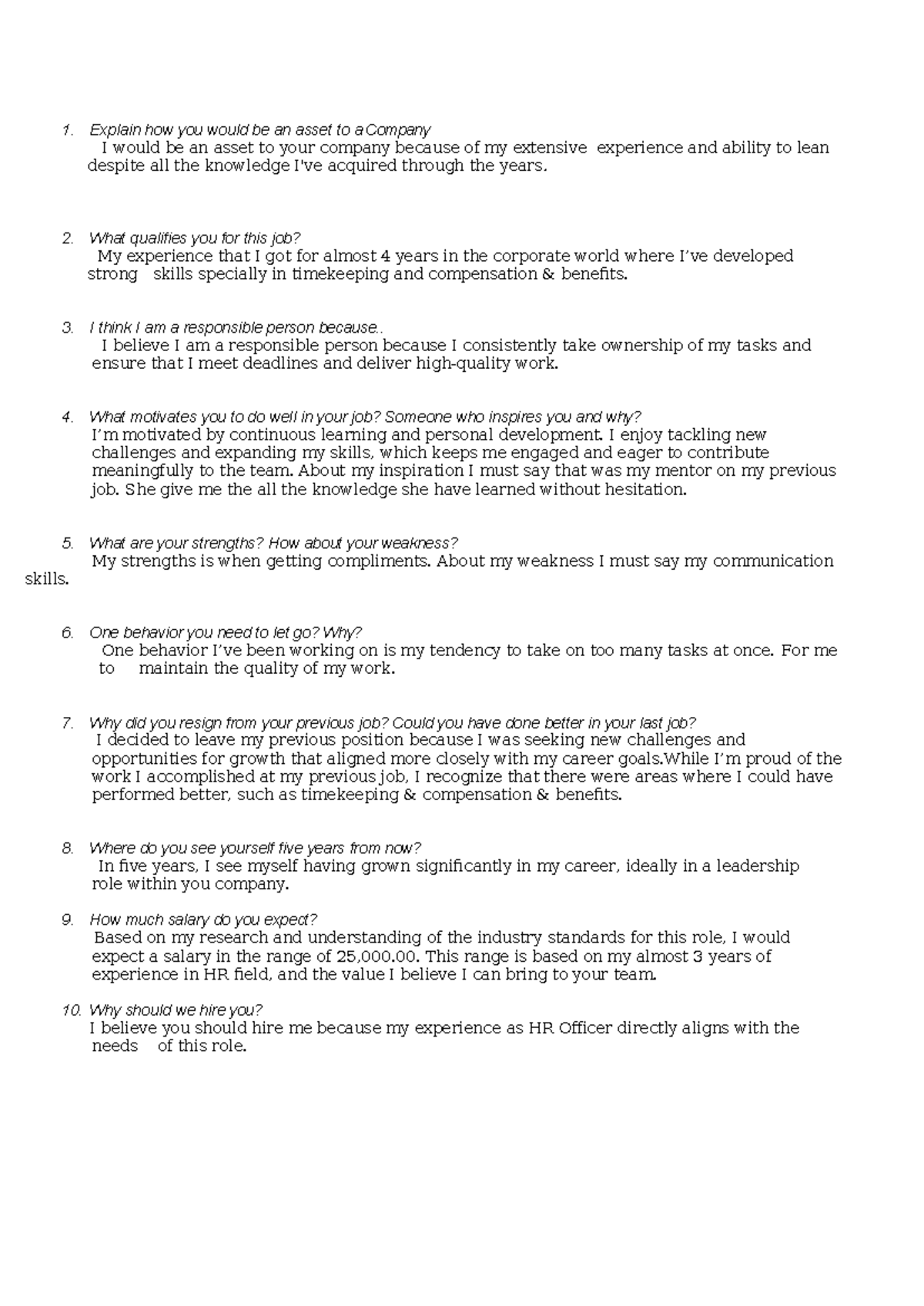 Essay Questionnaire - Fir interview referrence - Explain how you would ...