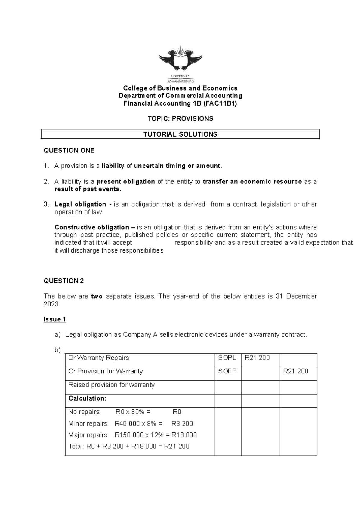FAC11B1 Tutorial Solutions: Provisions Overview and Examples - Studocu