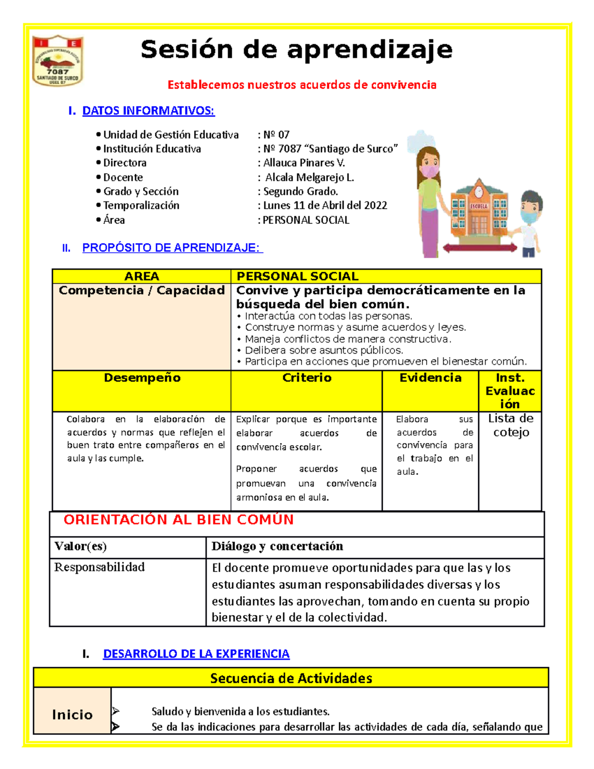 Sesión de Aprendizaje: Acuerdos de Convivencia en Personal Social (2do) - Document Preview