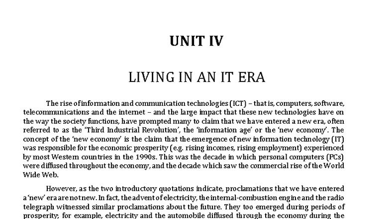 UNIT IV: The Impact of ICT on Society and Economy - Studocu