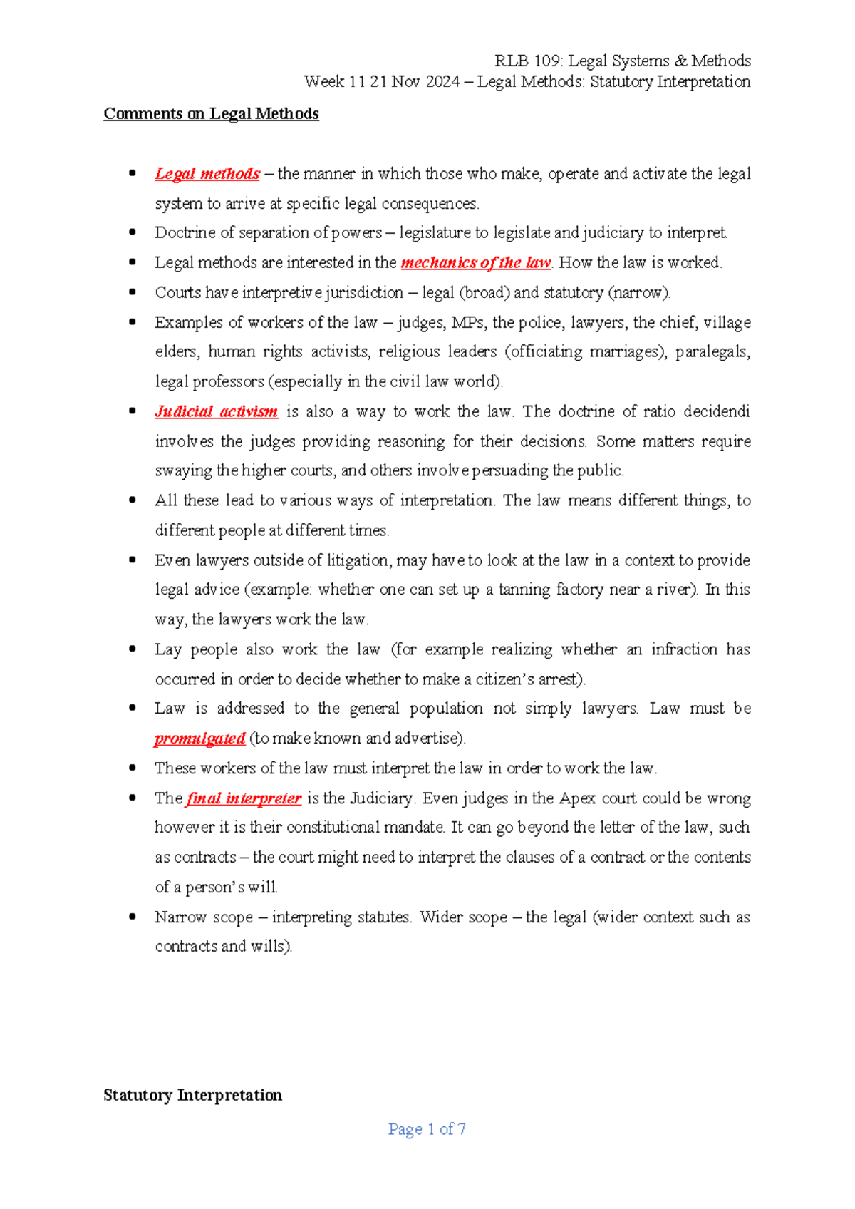 Week 11 Statutory Interpretation - Week 11 21 Nov 2024 – Legal Methods ...