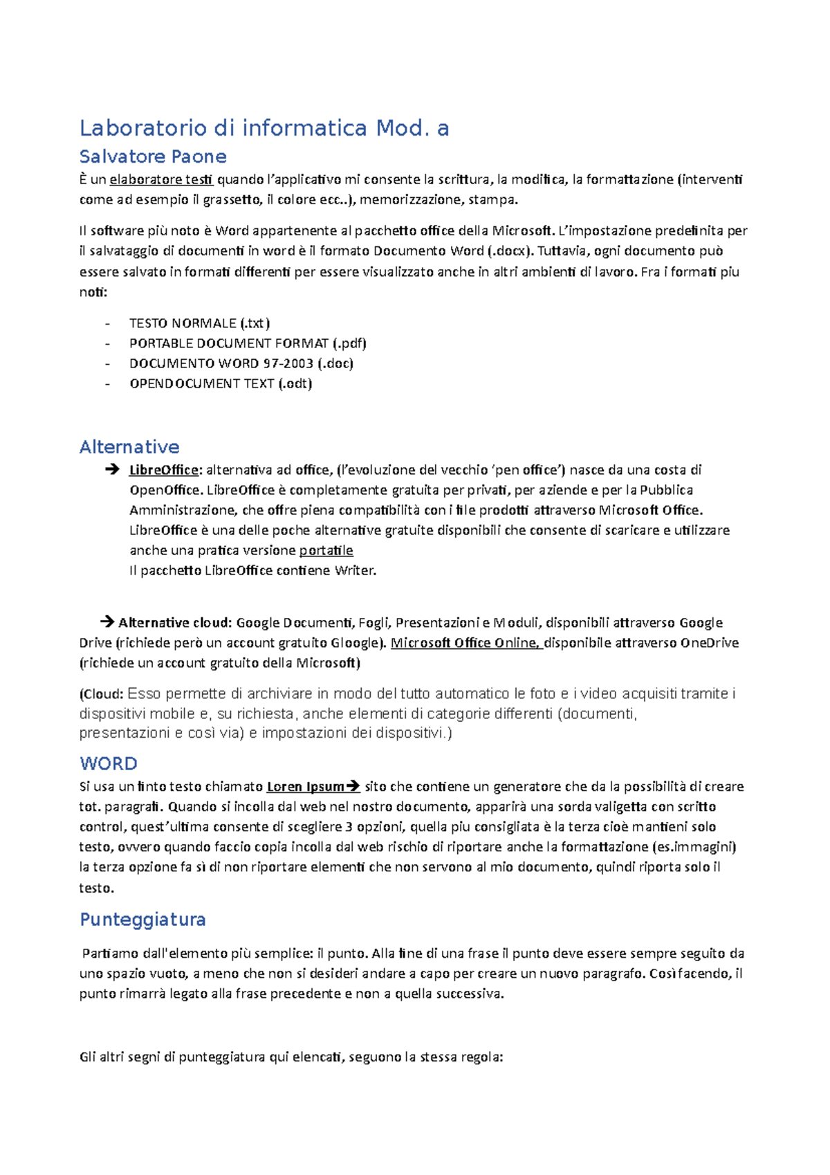 Laboratorio di Informatica Mod. A: Guida all'Uso di Word e Cloud - Studocu