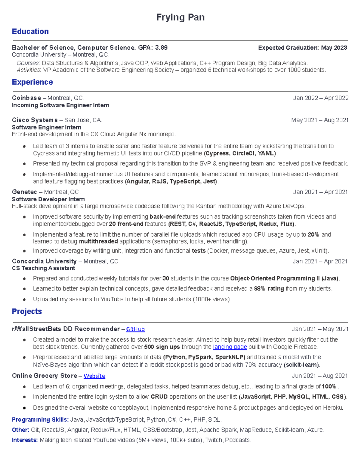 Computer Science Resume - Software Engineering Internships & Projects ...
